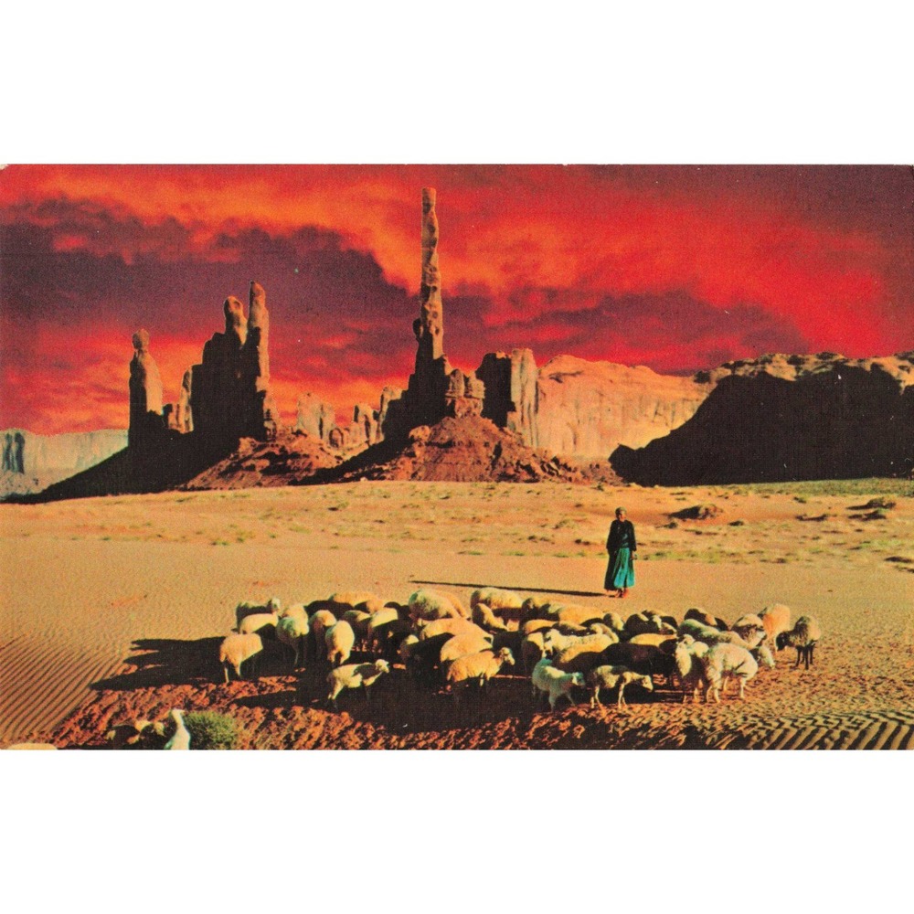 Vintage Petley Studios Monument Valley Sunset Navajo Woman Sheep Postcard PH-75A - Picture 1 of 2